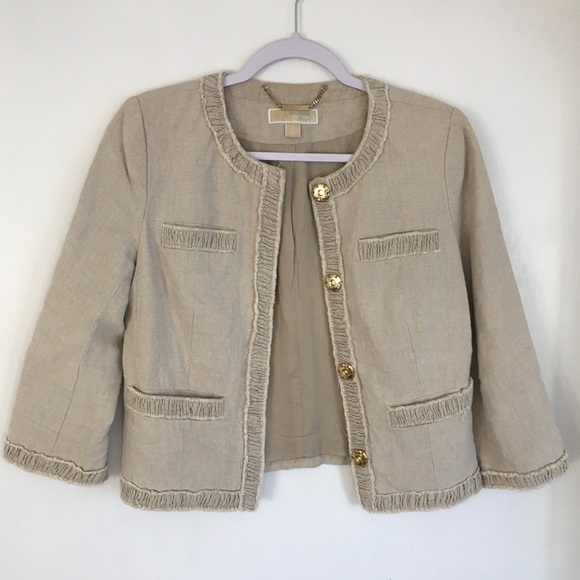 Michael Kors Beige Linen Gold Hardware Crop Jacket - Picture 1 of 8